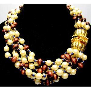 MIMI DI N 1974 Wood Blue & Faux Pearl Beaded Torsade Vintage Necklace